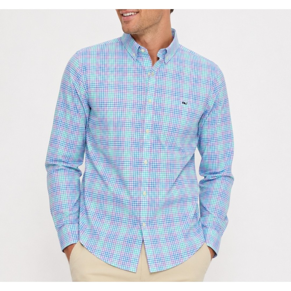 Vineyard Vines Tucker Shirt Mens M Purple Blue Gingham Performance Slim Fit